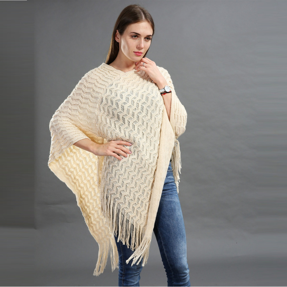 💲Sale 3/$15 - Assimetrical Cream Knit Openwork Shevron Poncho Fringe PLUS OS - Picture 2 of 4